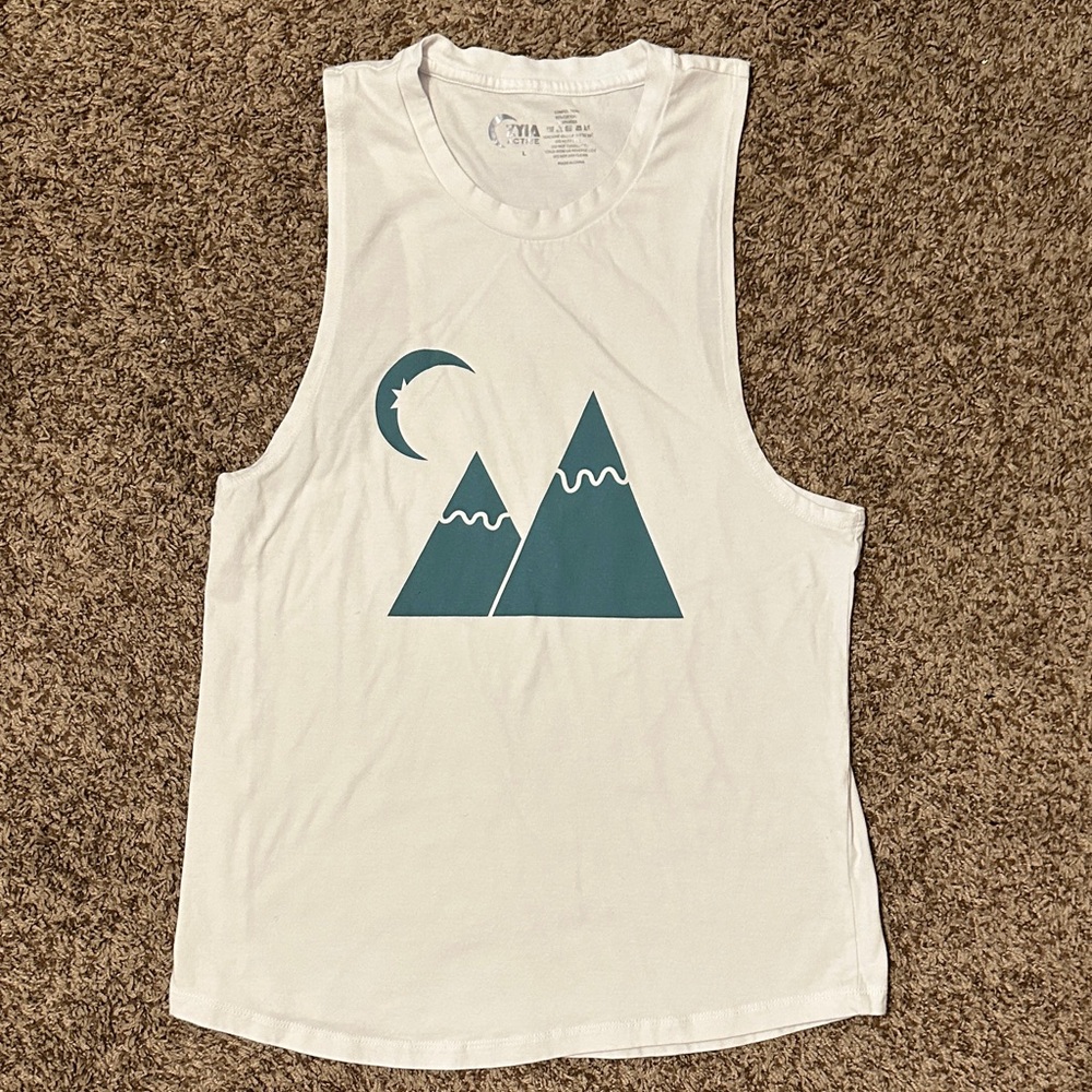 🌙 ZYIA White Tank Top with Teal Mountain Design
